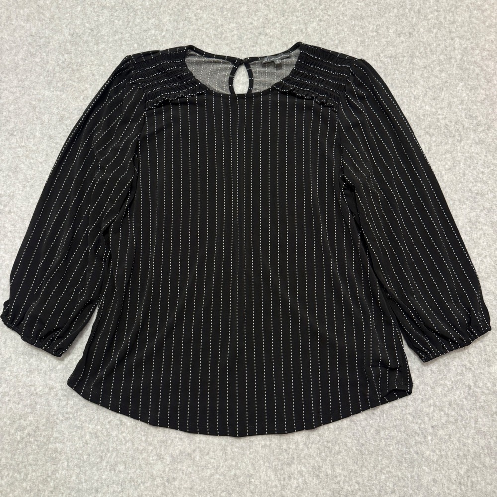 Adrianna‎ Papell Womens Black White Pinstripe Smocked Ruffle Blouse Medium